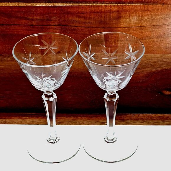 2 Libbey Candlelight Liquor Cocktail Glasses 5.5” cut glass starlight stars MCM - Picture 2 of 7
